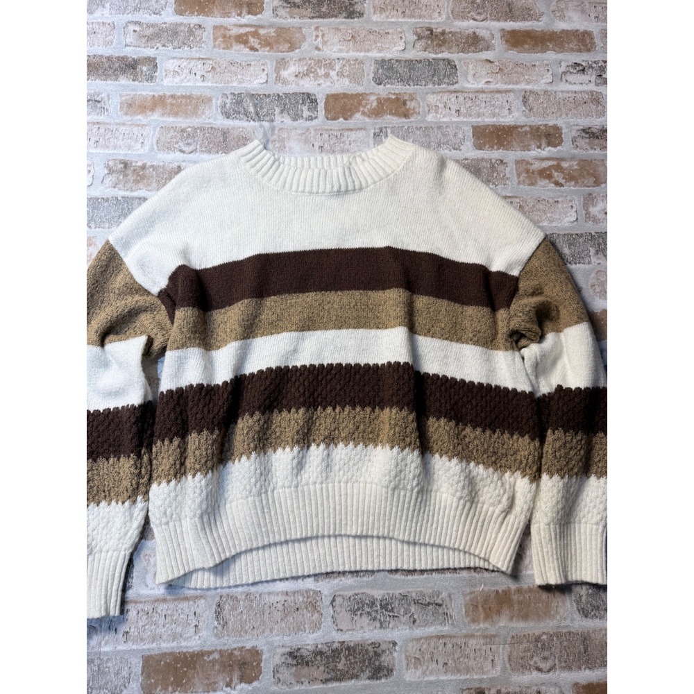 Sienna Sky Womens Striped Crewneck Sweater Cream Brown Tan Knit Pullover Large